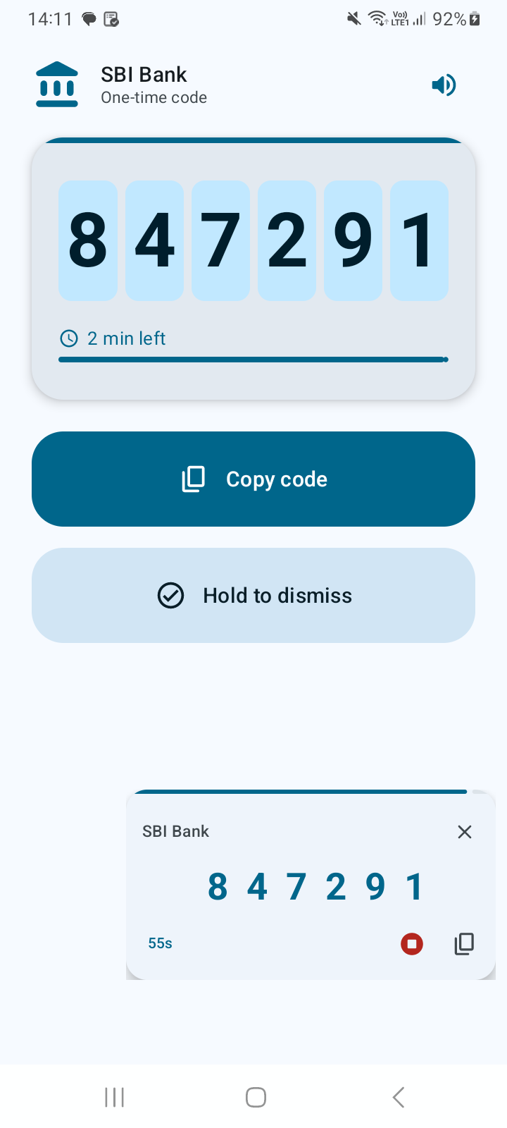 Full-screen OTP display with large digits