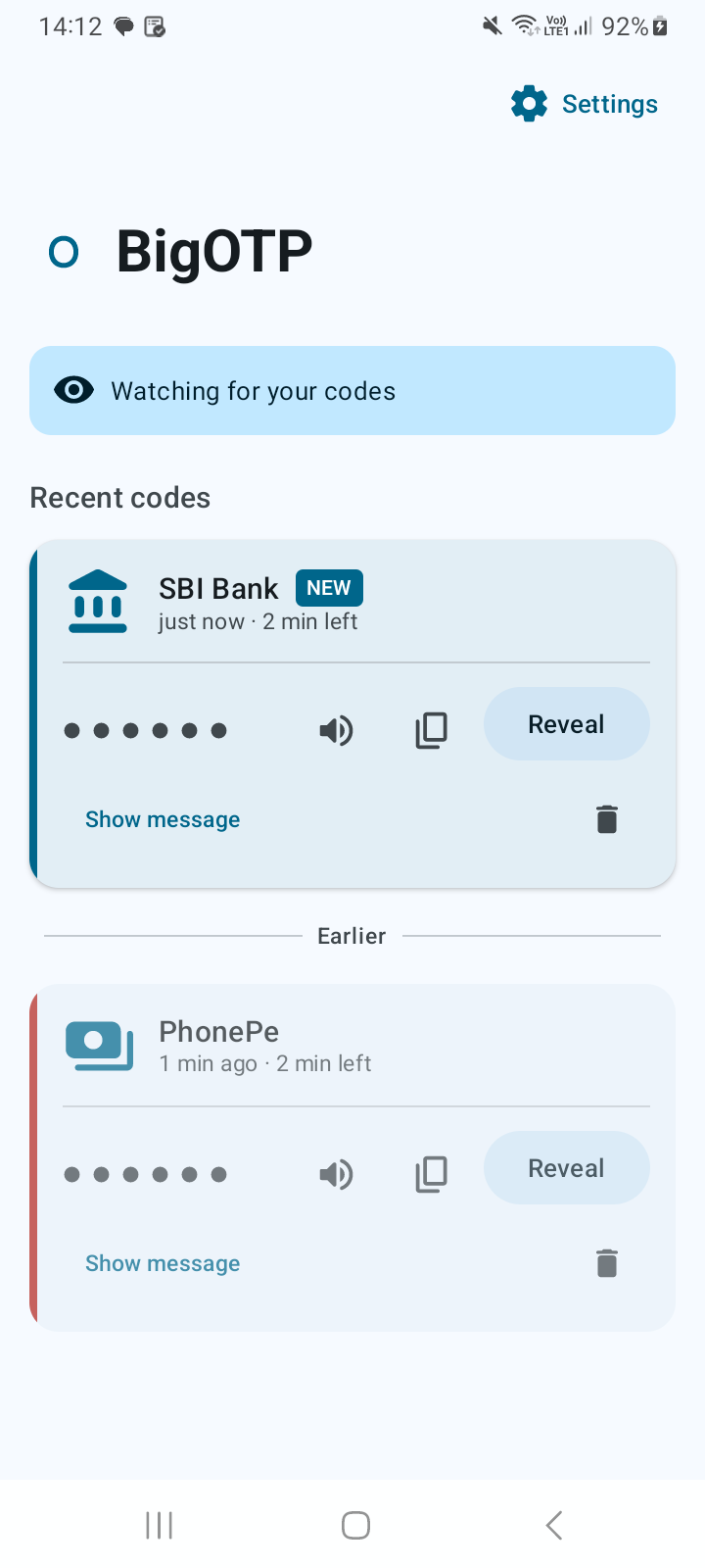 Main screen with recent OTP history from SBI Bank and PhonePe