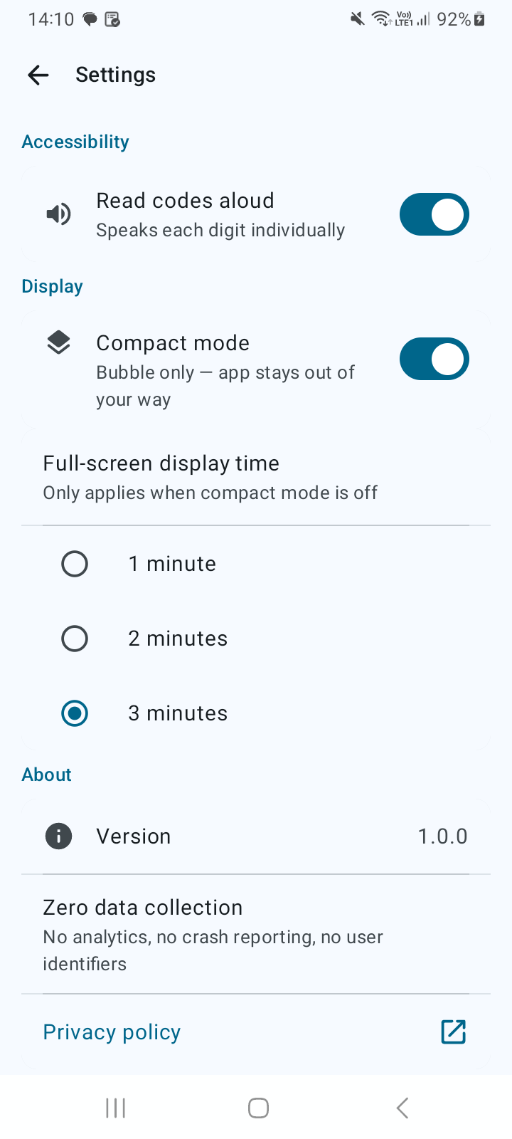 Settings screen — compact mode, TTS, version